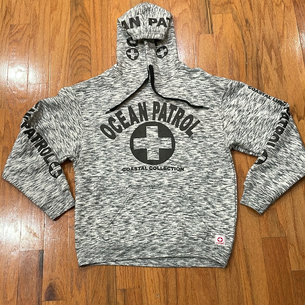 Ocean Patrol Size Large Hoodie with Kangaroo Pocket Black & White Grey